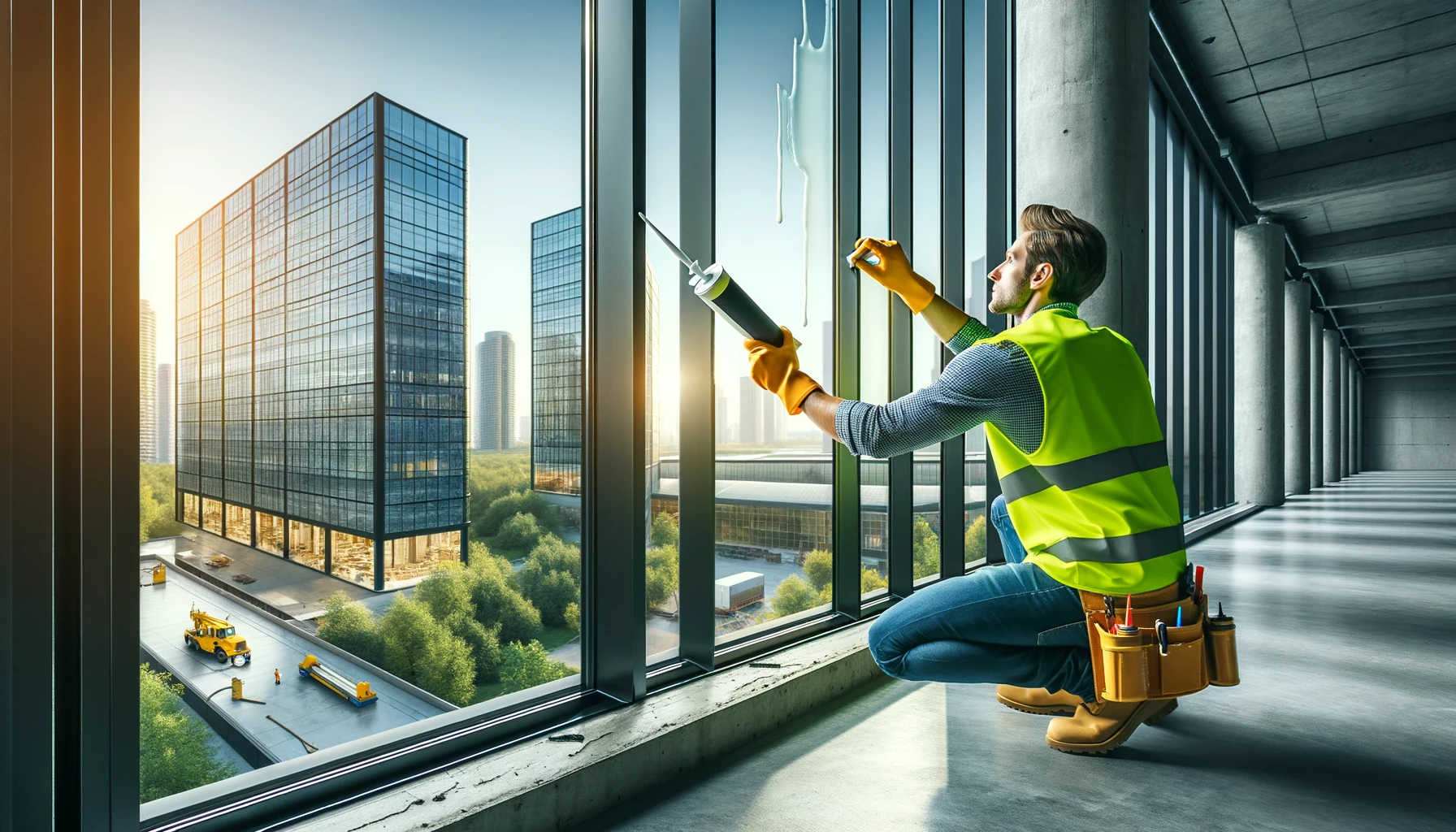 An image showing a man dressed in a high-visibility vest working in a large commercial building. He is providing professional caulking services on windows