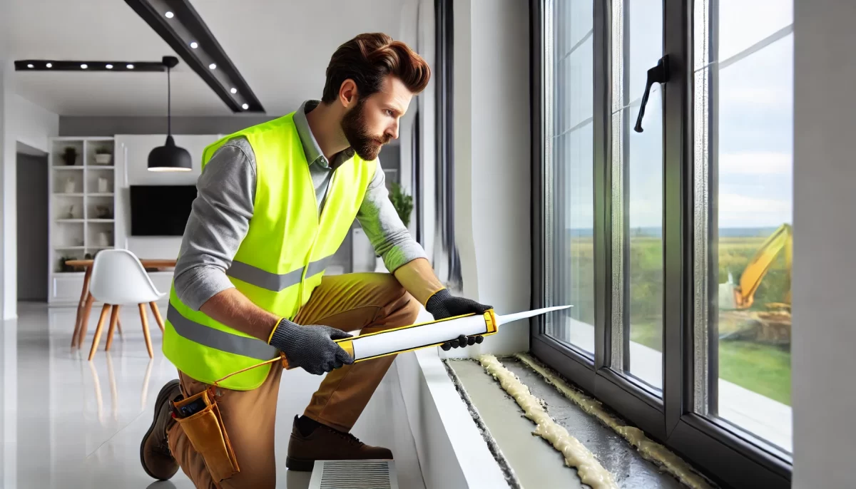 A man wearing a high-visibility vest, dressed in work clothes, Showing How to Remove Silicone Caulking from a window seal.