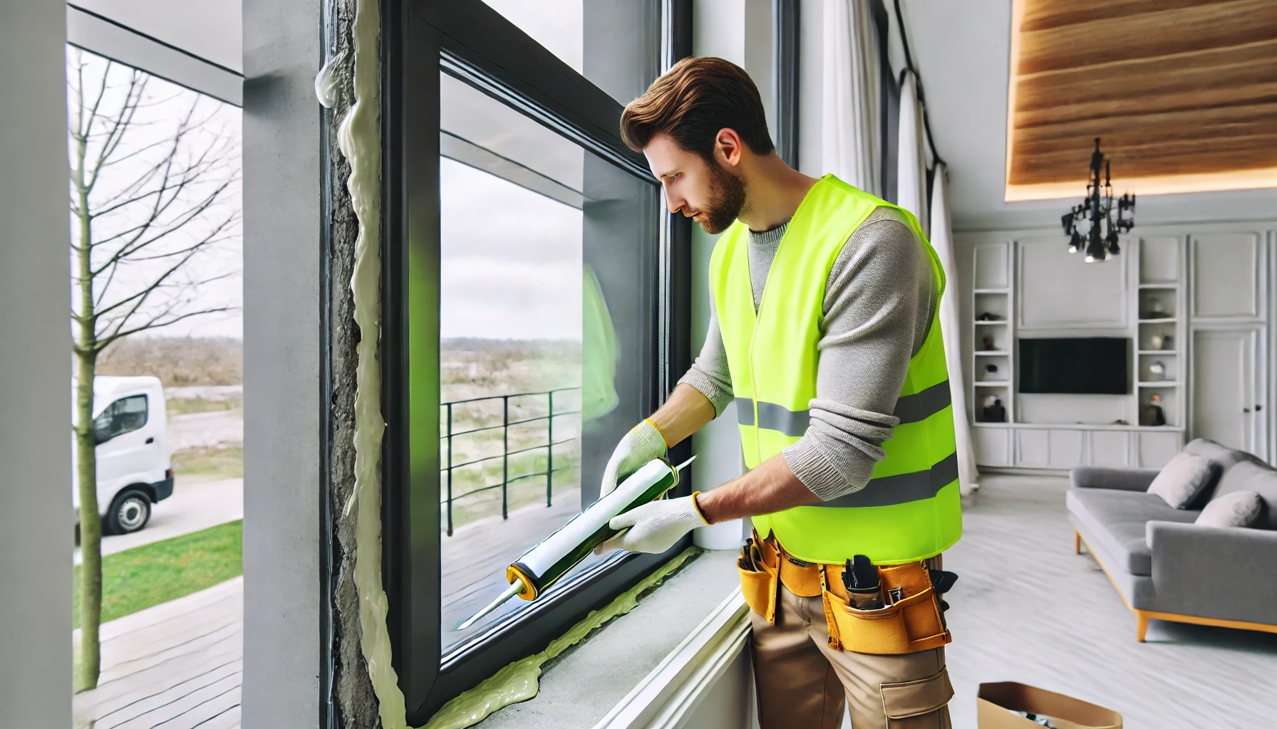 A man wearing a high-visibility vest, dressed in work clothes, removing caulking from a window seal. He is showing How to Remove Silicone